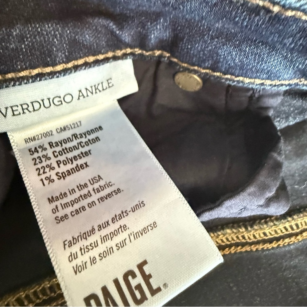 Paige Verdugo Ankle Stretch Dark Wash Blue Denim Mid Rise Jeans Women's 32 EUC - Picture 6 of 10